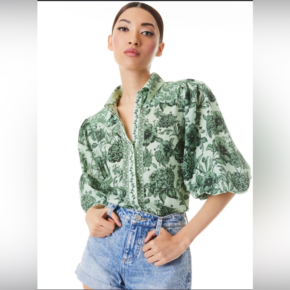 Alice + Olivia Sage Green Top with Floral Detail